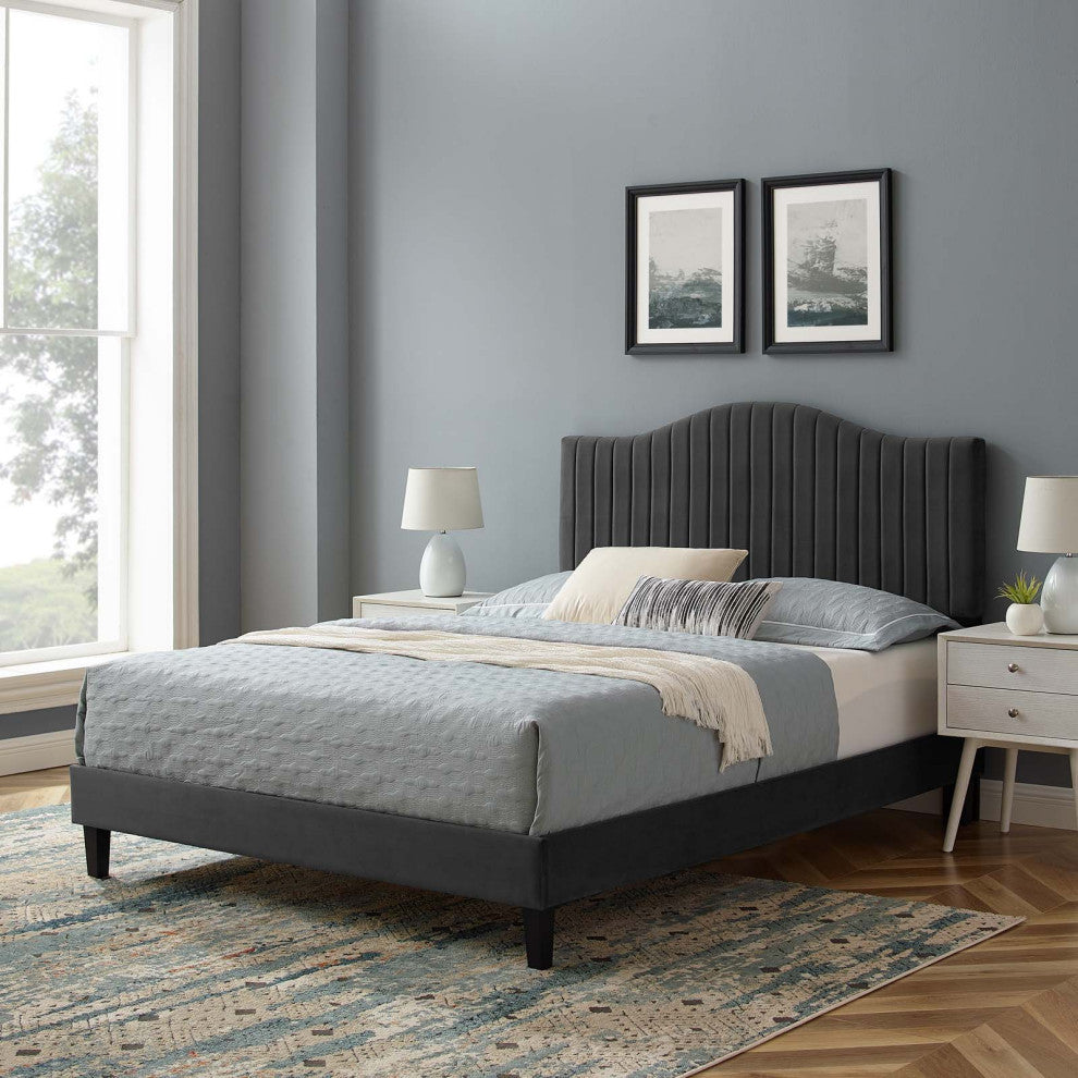 Tufted Platform Bed Frame, King Size, Velvet, Gray, Modern Contemporary