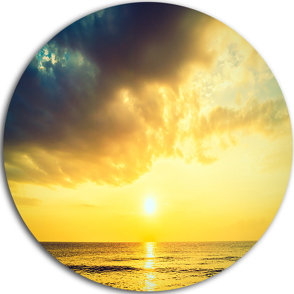 Yellowish Sky Over Serene Seashore, Seashore Disc Metal Wall Art, 36"