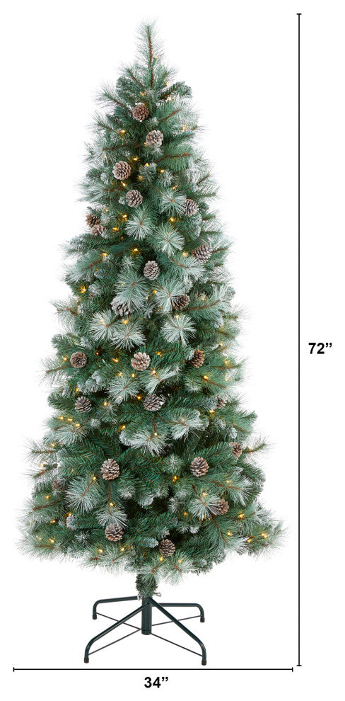 6' Frosted Tip British Columbia Mountain Pine Faux Xmas Tree W/Lights, Pinecones
