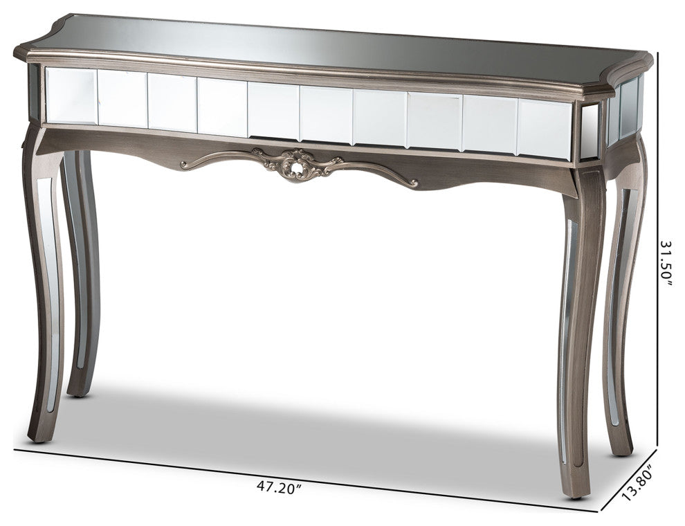 Elgin Contemporary Brushed Silver Finished Wood and Mirrored Glass Console Table