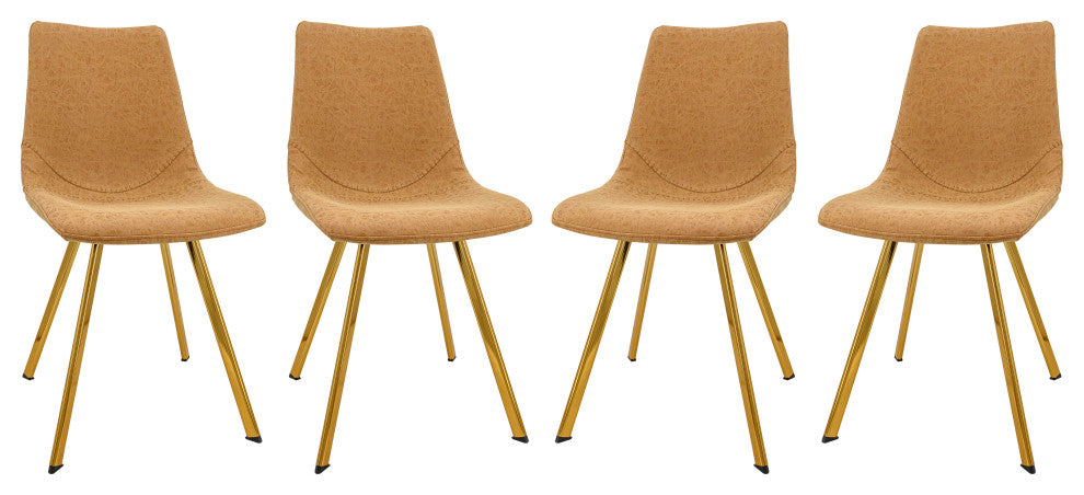 LeisureMod Markley Leather Dining Chair With Gold Legs Set of 4, Light Brown