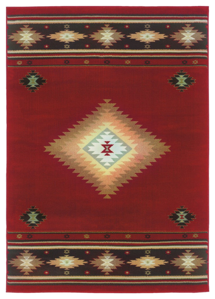 7??X 10??Red And Beige Ikat Pattern Area Rug