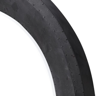 Modern Industrial Round 40" Wall Mirror Nailhead Trim Oxidized Metal Dark