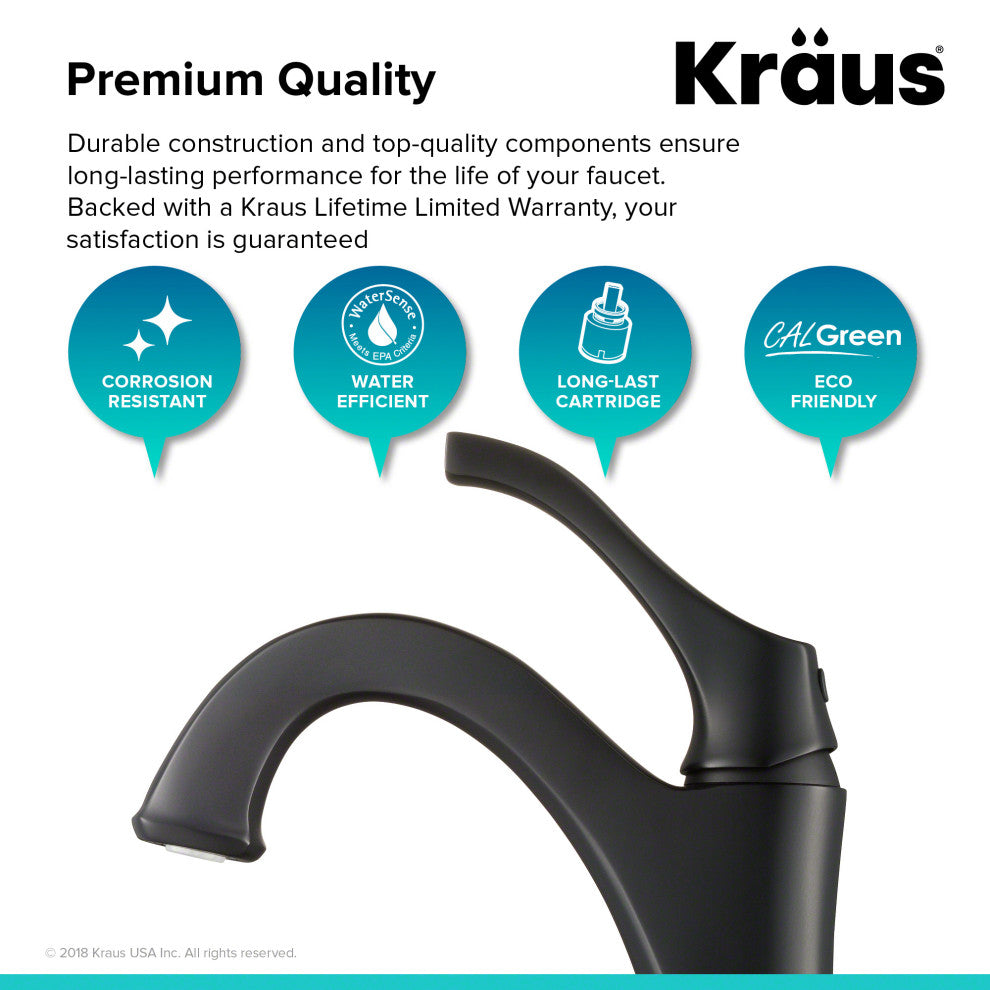 Kraus Arlo Single Handle Basin Faucet, Lift Rod Drain, Matte Black, Set of 2