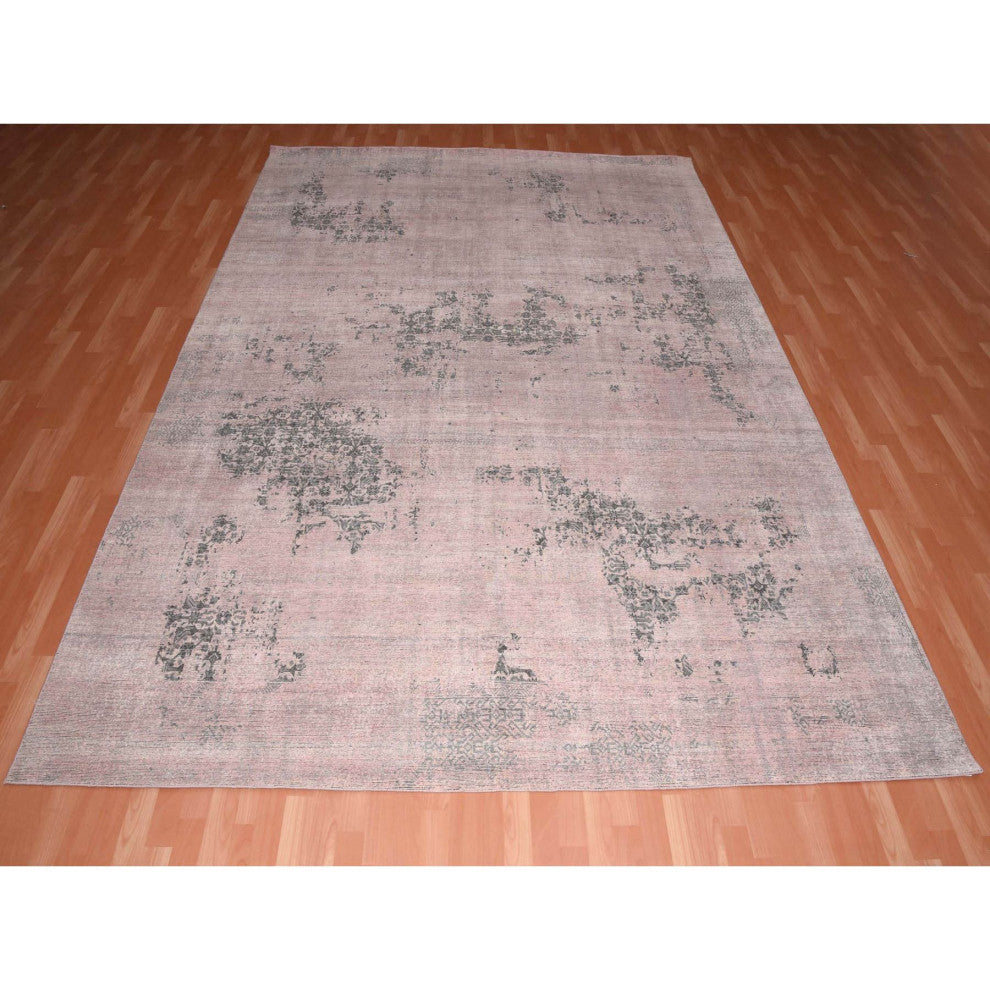Pink and Gray, Hand Knotted Erased Persian Design, Pure Silk Rug, 8'9"x12'2"