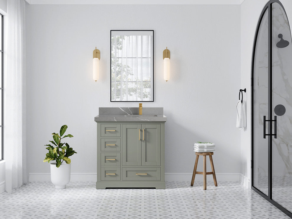 Boston 36 Right Offset Bath Vanity in Evergreen 2" Piatra Gray