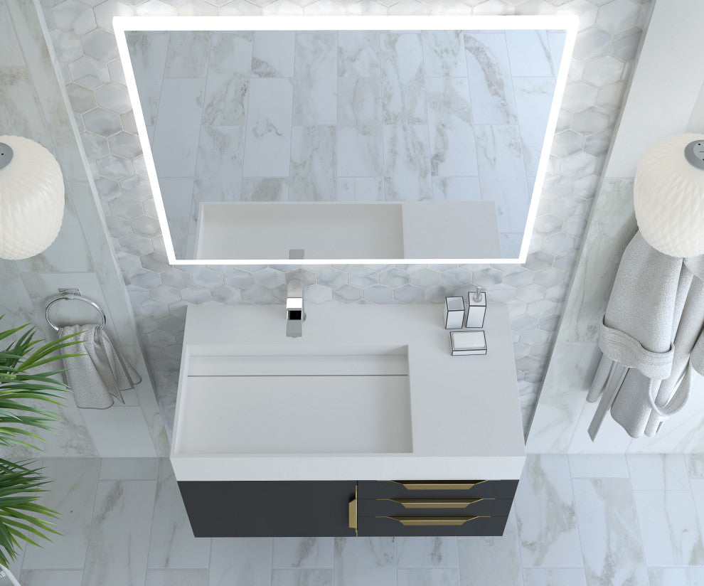 CastelloUSA Amazon 36" Wall Mount Vanity Set, Black, White Top, Gold Handles