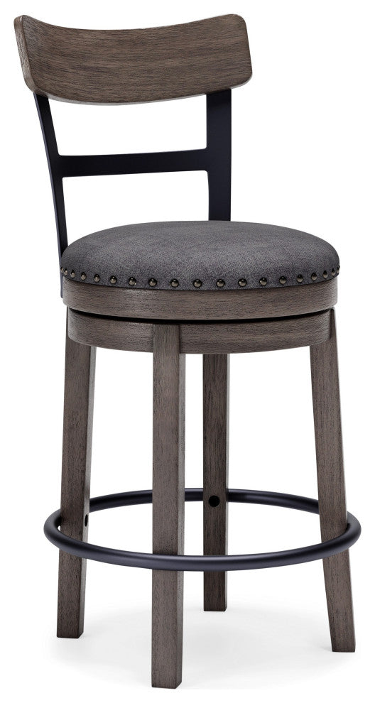 Benzara BM248092 Swivel Barstool With Nailhead Trim and Curved Panel Back, Gray