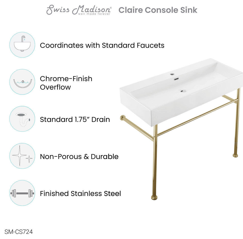 Claire 40" Ceramic Console Sink White Basin Gold Legs