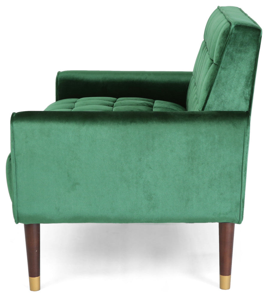 Aubrie Tufted Velvet Loveseat With Gold Tipped Tapered Legs, Emerald, Gold Finish