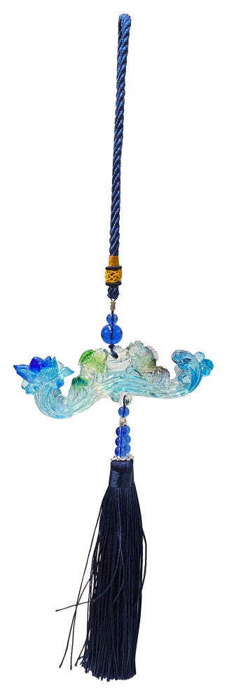 Crystal Glass Fengshui Fortune Blue Ru Yi Fishes Gift Decor Tassel, Hws2175