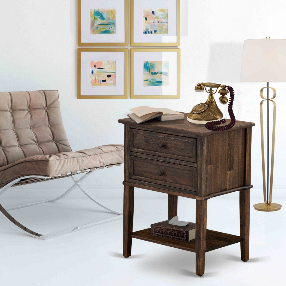 Wood Side Table, 2 Wood Drawers, Distressed Jacobean Finish