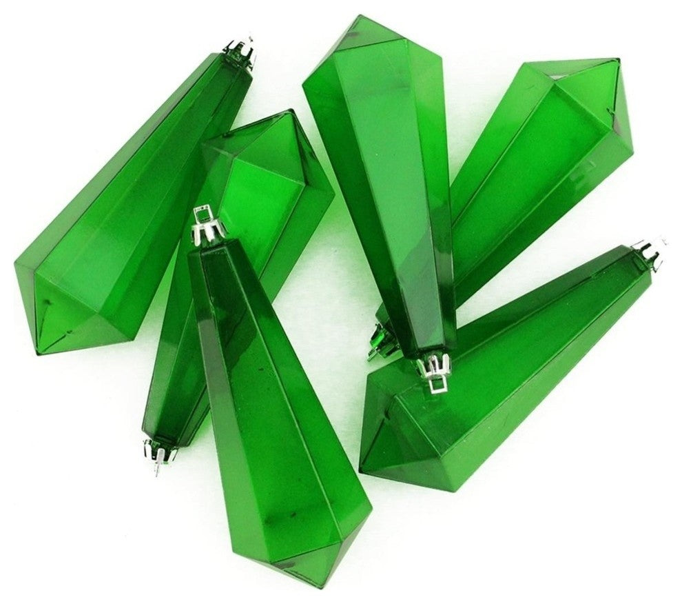 Transparent Shatterproof Diamond Shaped Icicle Ornaments, Set of 6, Xmas Green