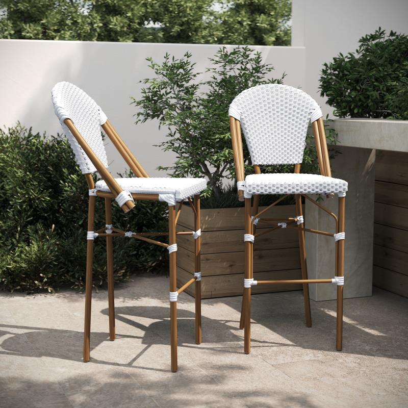 Set of 2 Stackable Indoor/Outdoor French Bistro 30" Bar Stools, White & Gray/Natural Frame