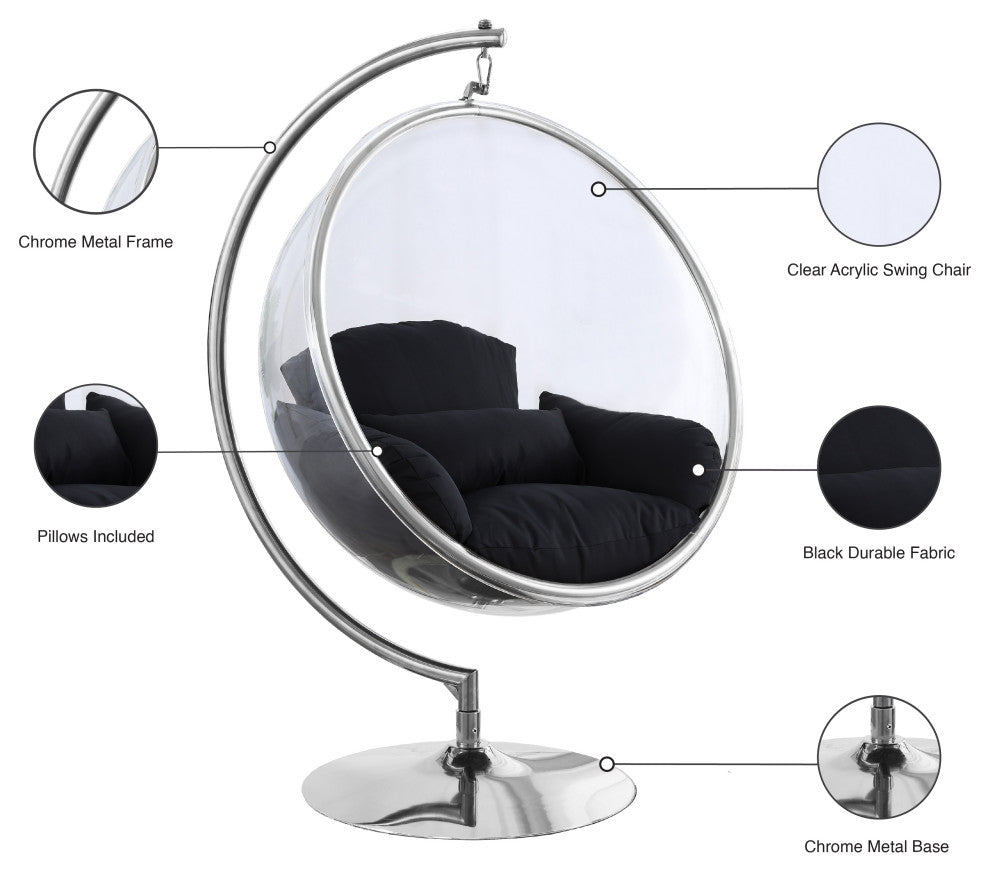 Luna Metal Acrylic Swing Bubble Accent Chair With Stand, Black, Chrome Base