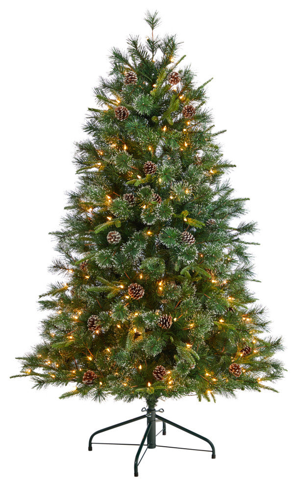 4' Snowed Tipped Clermont Mixed Pine Faux Xmas Tree W/Lights, Pinecones