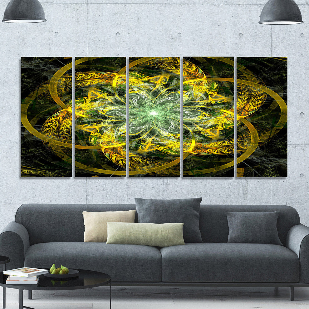 Yellow and Green Fractal Flower, Abstract Canvas Art Print, 60"x28", 5 Panels