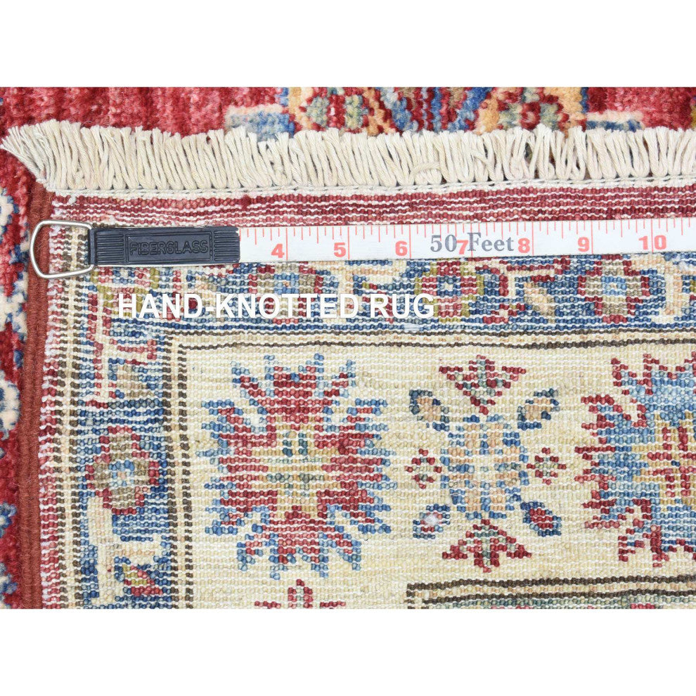 Rich Red Hand Knotted Kazak With Geometric Medallions Wool Runner Rug, 3'1"x11'