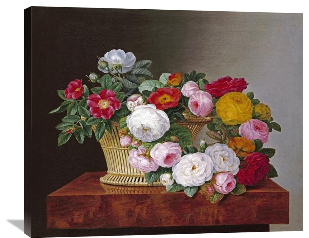 "Still Life of Roses In a Basket on a Ledge" Artwork, 36" x 29"