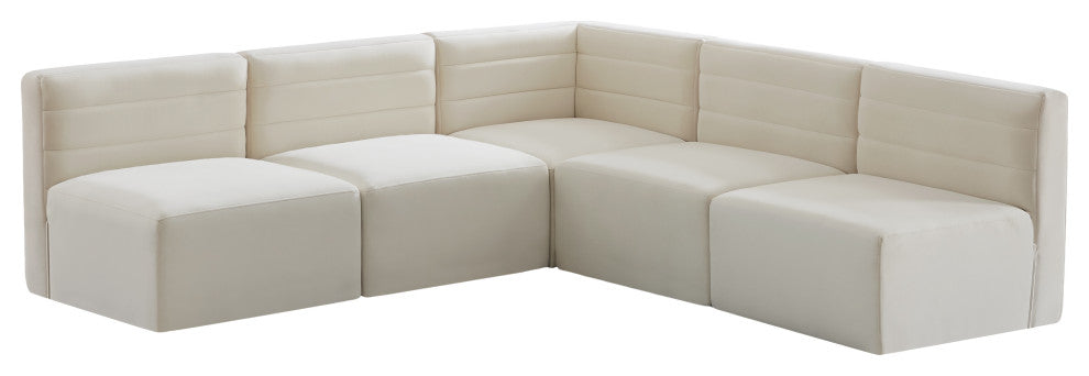 Quincy Velvet Upholstered 5-Piece L-Shaped Modular Sectional, Cream