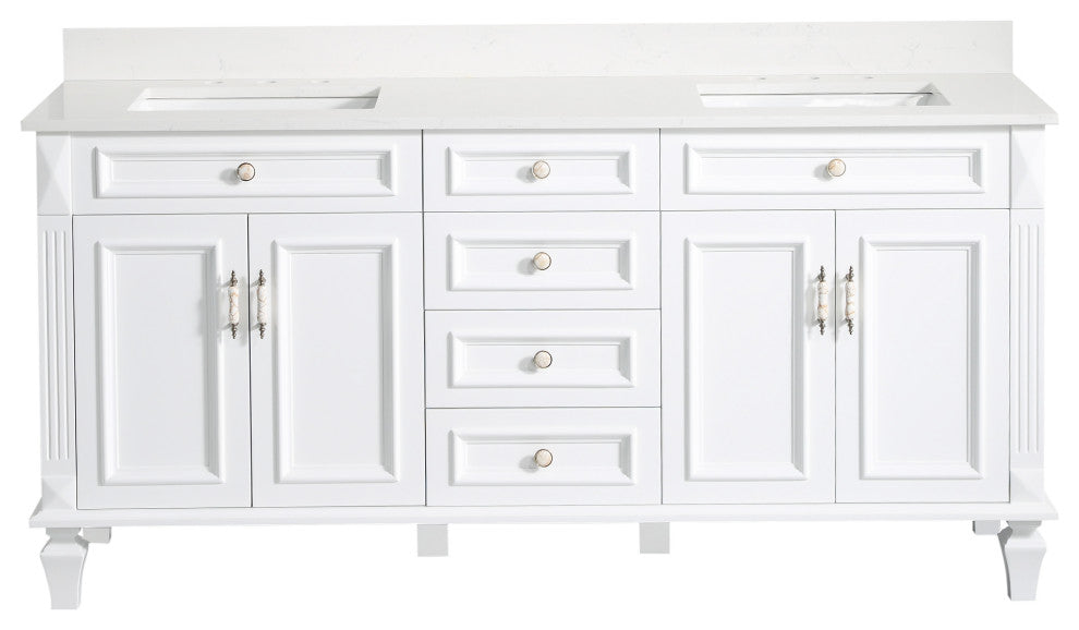 Solid Wood Bathroom Vanity with Quartz Top and cUPC Certified Sink, White, 72 Inch
