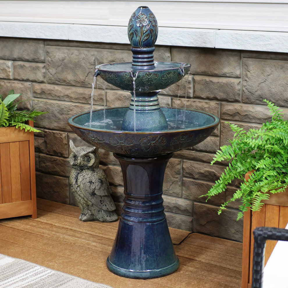 Sunnydaze Double Tier Outdoor Ceramic Water Fountain With LED Lights, 38"