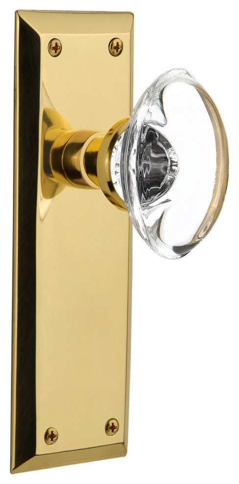Single New York Plate With Oval Clear Crystal Knob, Polished Brass