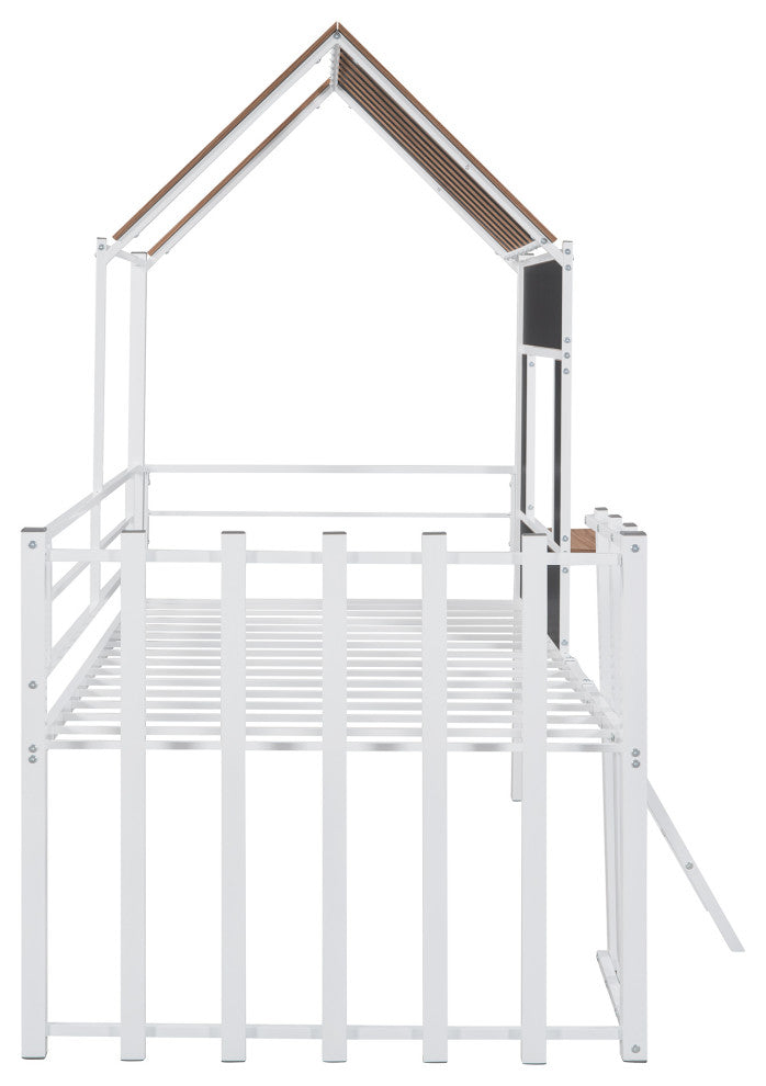 Gewnee Metal Twin Loft Bed with Roof, Window and Ladder in White