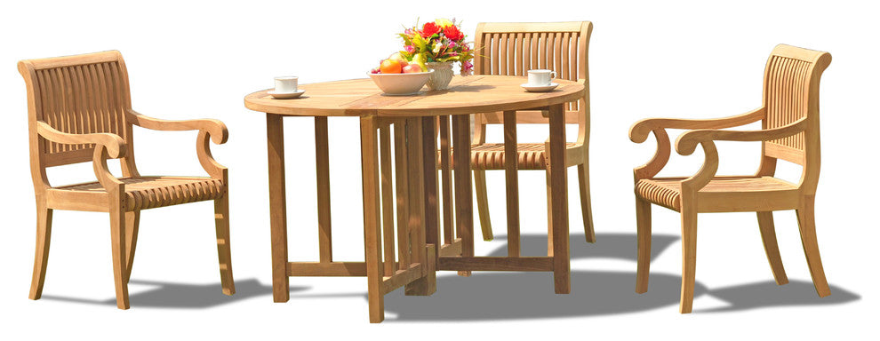 4-Piece Outdoor Patio Teak Dining Set, 48" Butterfly Table, 3 Arm Chairs