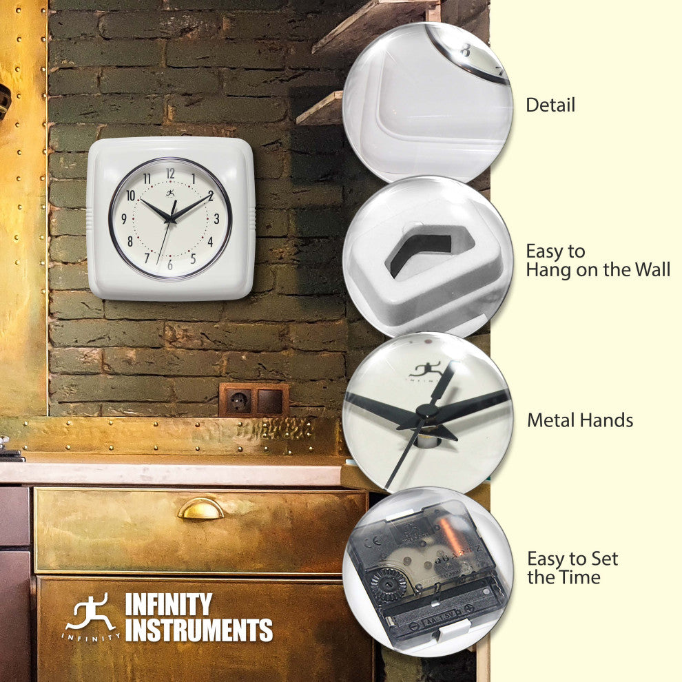 Square Retro Wall Clock, 9.25", White