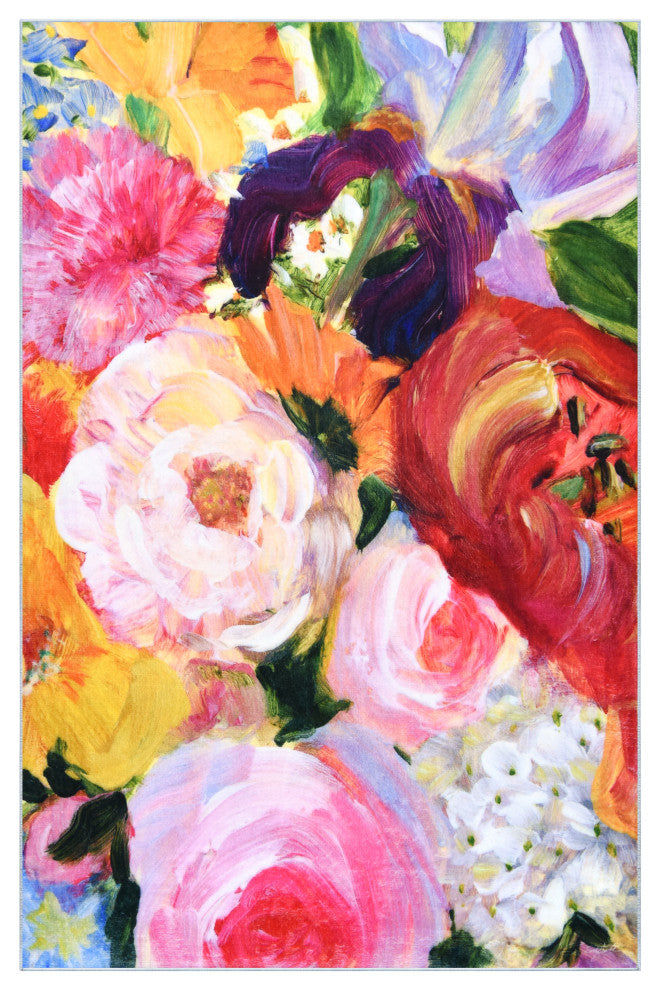 Yellow and Violet I Hand Washable Flowers Power-loomed Art Area Rug, 5'x7.5'