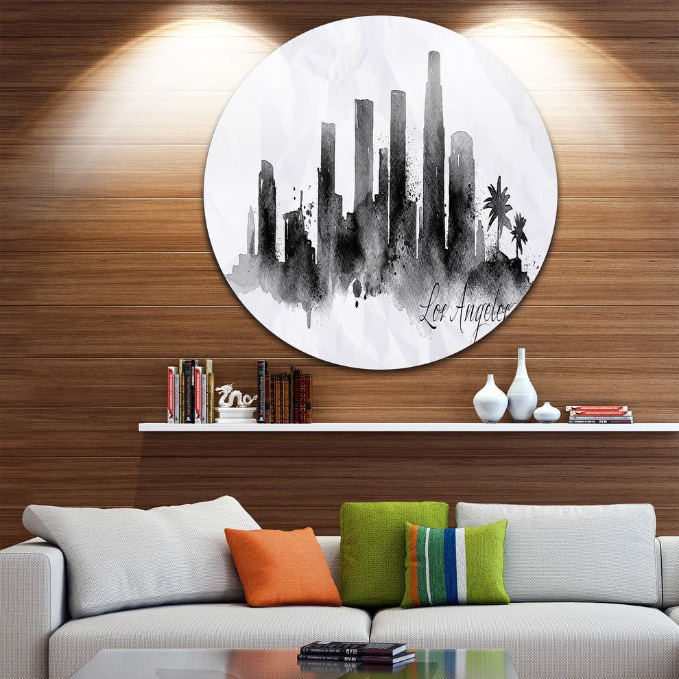 Los Angeles Black Silhouette, Cityscape Painting Round Wall Art, 36"