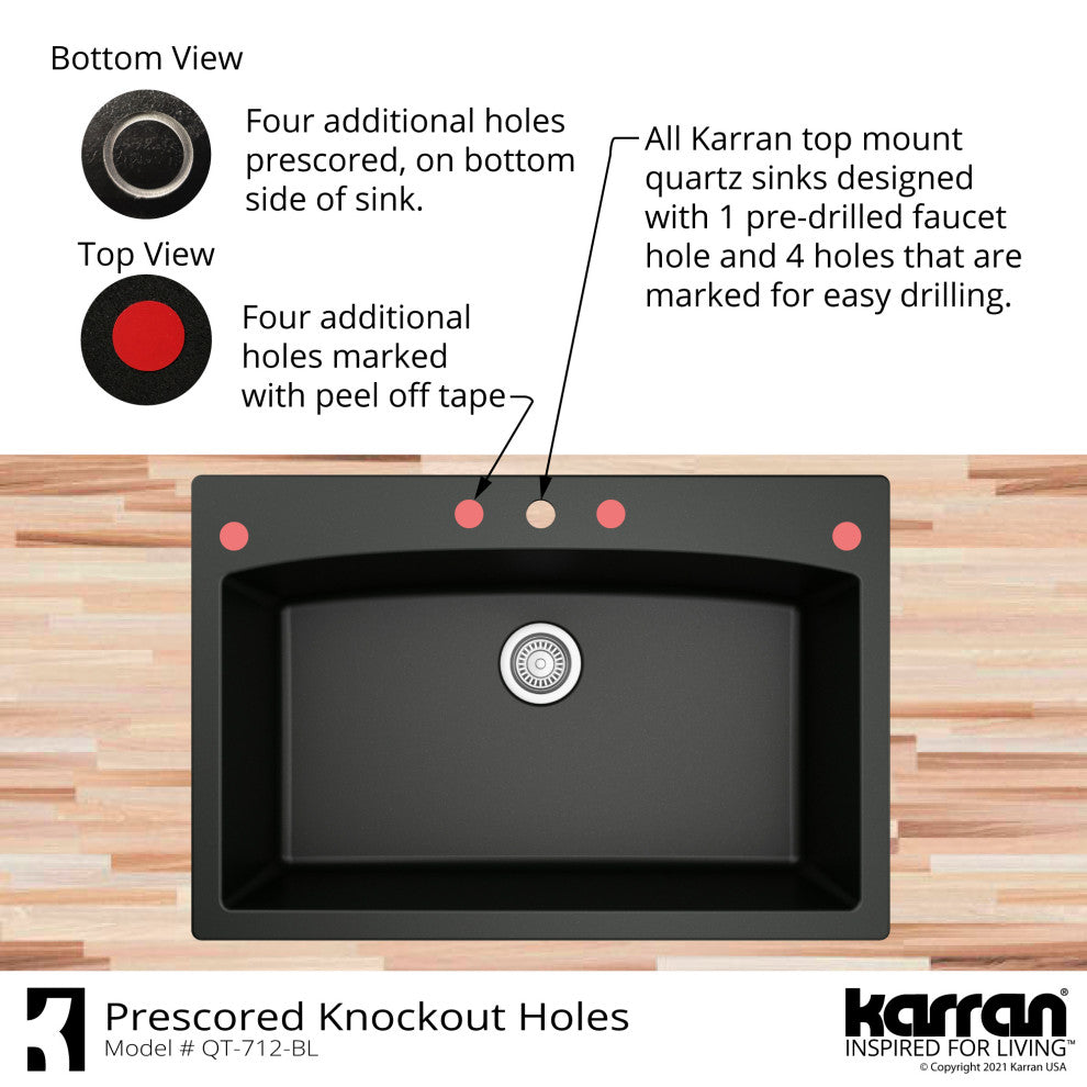 Karran Drop-In Quartz Composite 33" 1-Hole Single Bowl Kitchen Sink Kit, Bisque