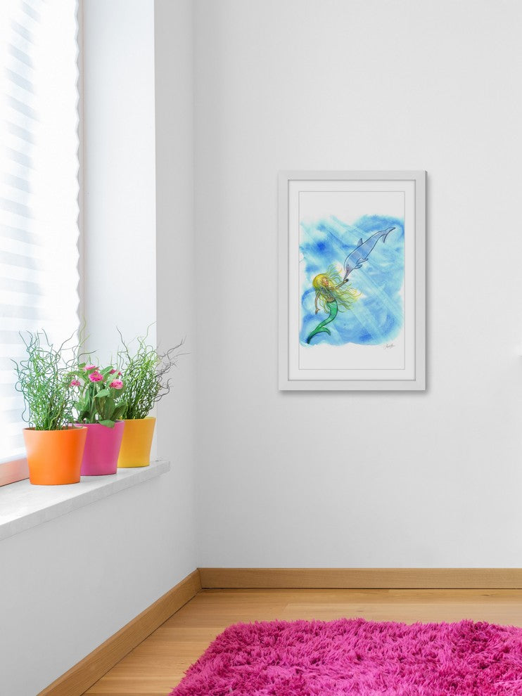 "Mermaid Dolphin" Framed Painting Print