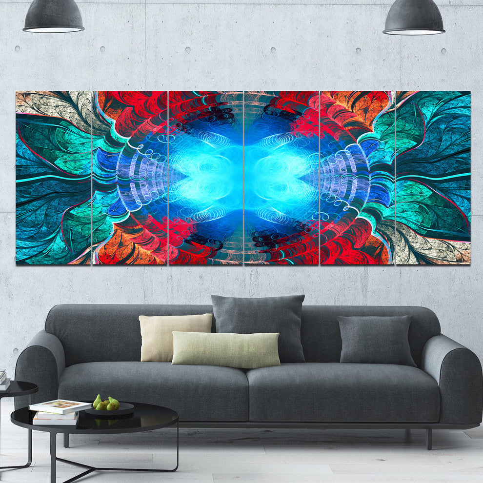 Blue Fractal Circles and Waves, Abstract Canvas Art Print, 70"x28", 6 Panels