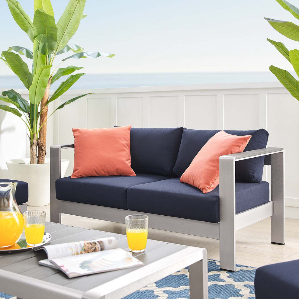 Sectional Sofa Chair Table Set, Sunbrella, Aluminum, Silver Blue Navy, Outdoor