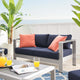Sectional Sofa Chair Table Set, Sunbrella, Aluminum, Silver Blue Navy, Outdoor