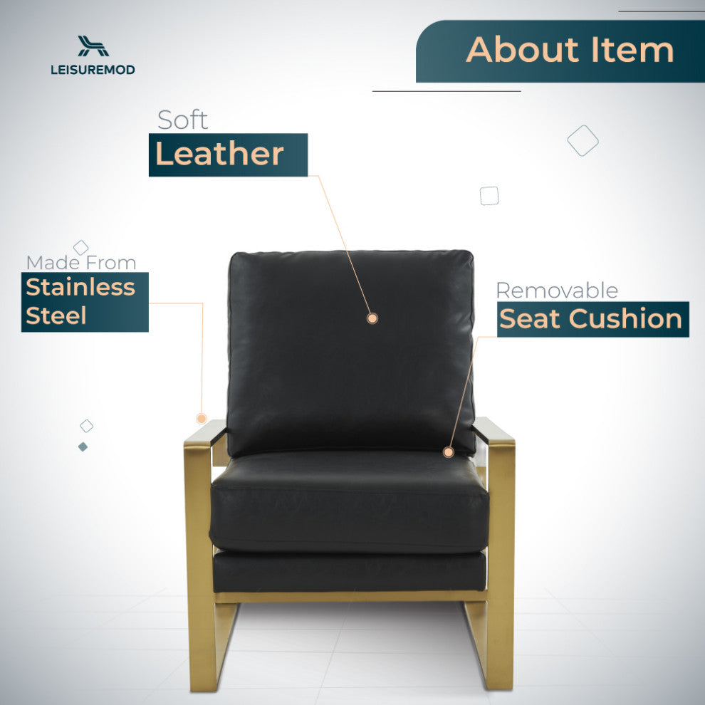 LeisureMod Jefferson Faux Leather Accent Armchair With Gold Frame, Black