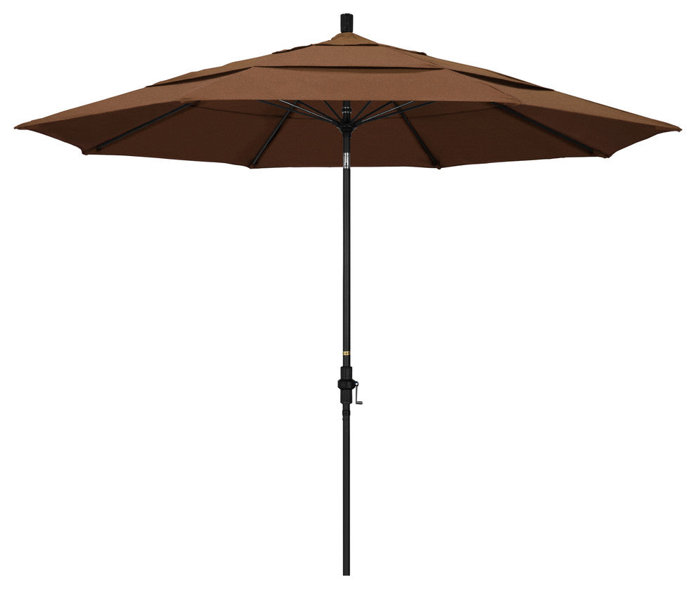 11' Matted Black Collar Tilt Lift Fiberglass Rib Aluminum Umbrella, Sunbrella, Teak