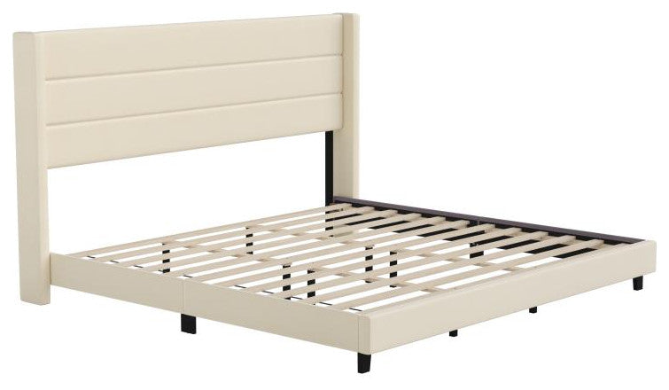 Hollis Upholstered Platform Bed with Wingback Headboard w/Mattress Foundation, Beige, King