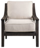 Exposed Dark Wood Frame Box Cushion Accent Chair, Arm Midcentury Modern