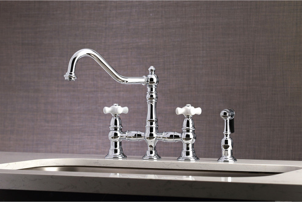 Kingston Brass Bridge Kitchen Faucet With Sprayer, Polished Chrome