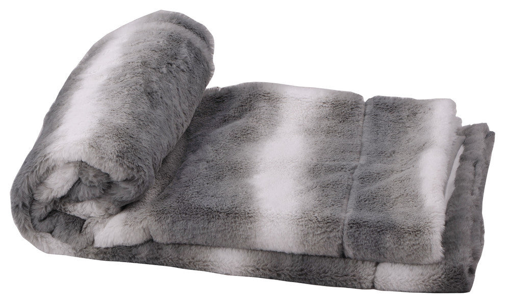 Beckie Stripe Faux Fur Throw Blanket With Micromink Back, Gray Flannel, 50"x60"