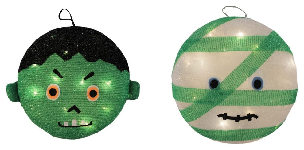 14" LED Lit Mummy and Frankenstein Hanging Outdoor Halloween Decorations, Set of