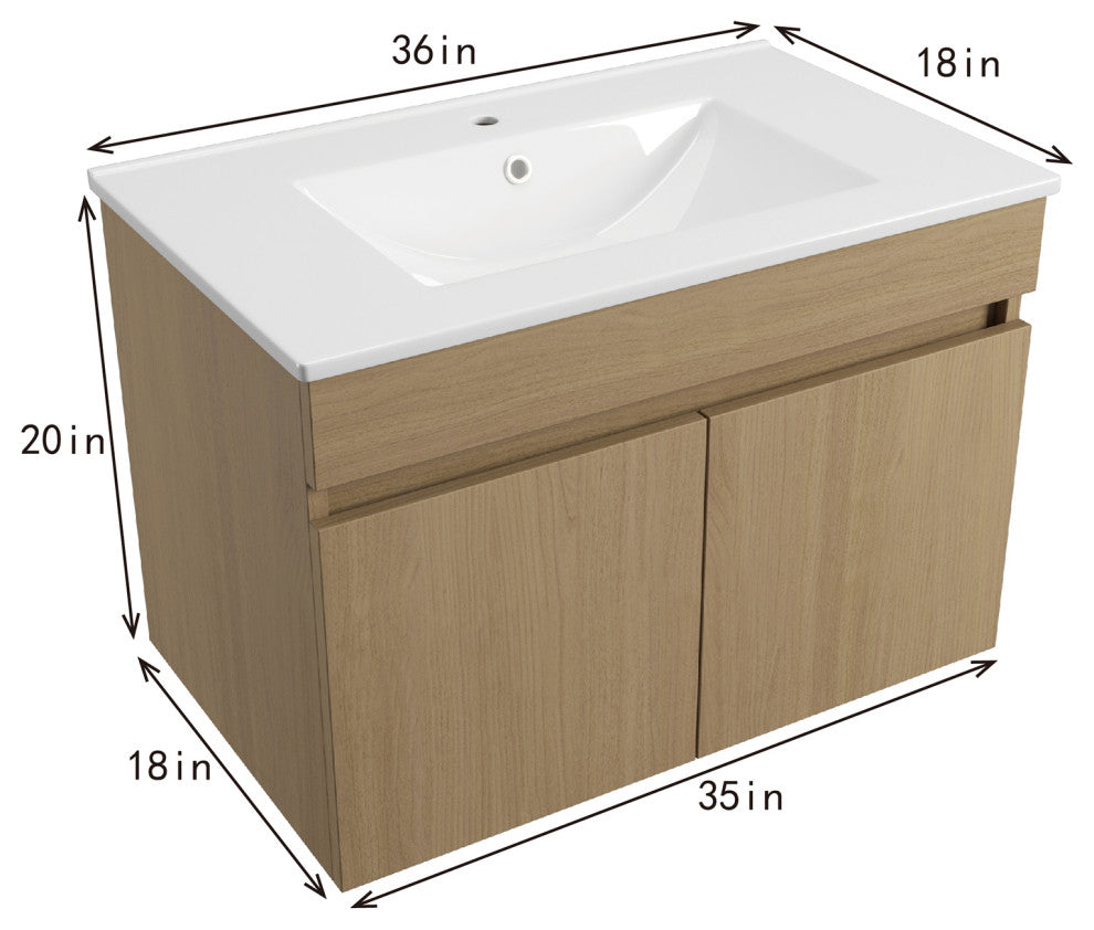 Wall Mounted Bath Vanity, Light Oak, Integrated Ceramic Sink, 36"