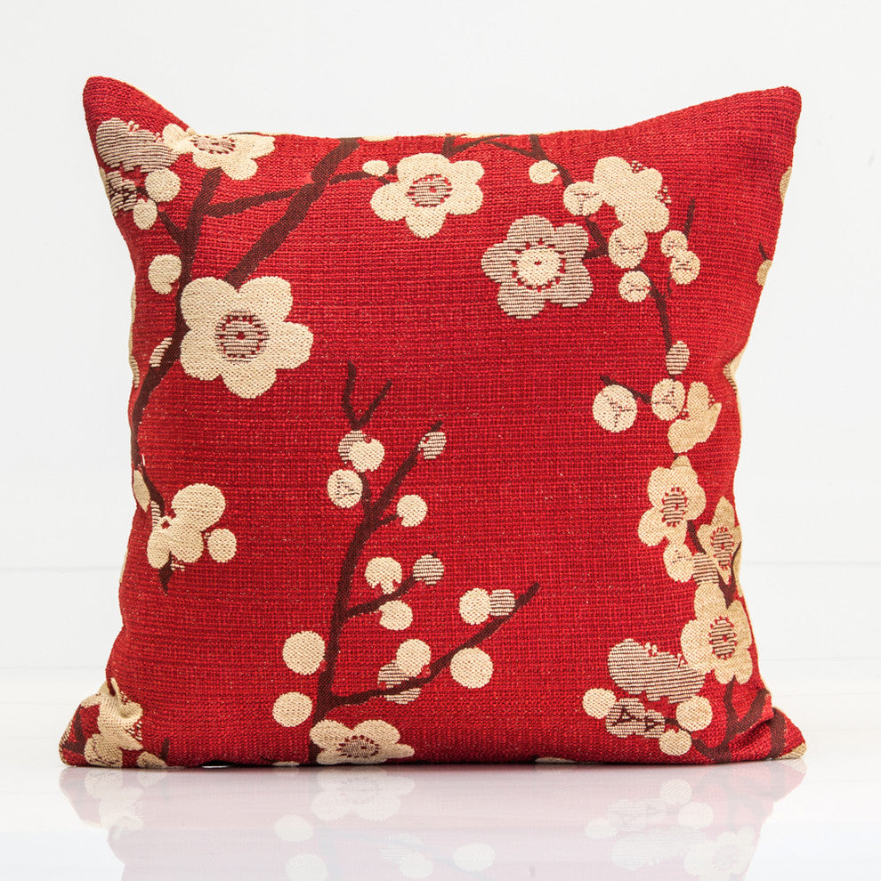 Designer Pillow Cover, Cherry Blossom Design, Red Decorative Pillow, 20"x20"