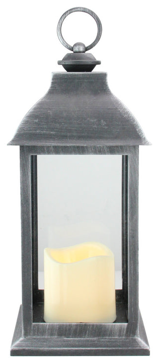 12.5" Silver Brushed Black Candle Lantern With Flameless LED Candle