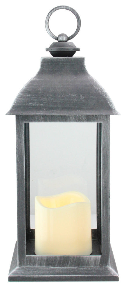 12.5" Silver Brushed Black Candle Lantern With Flameless LED Candle