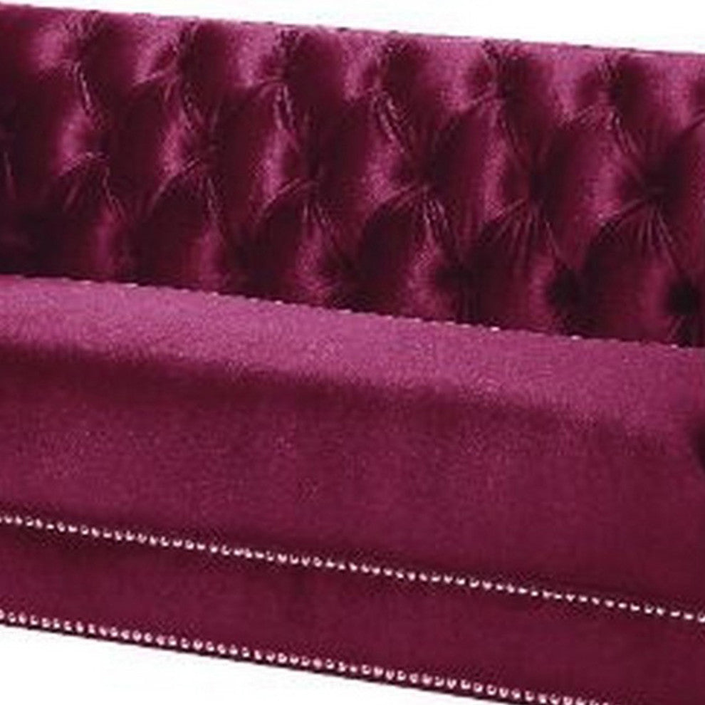 Benzara BM250589 Loveseat With Acrylic Feet and Mirrored Trim, Dark Red