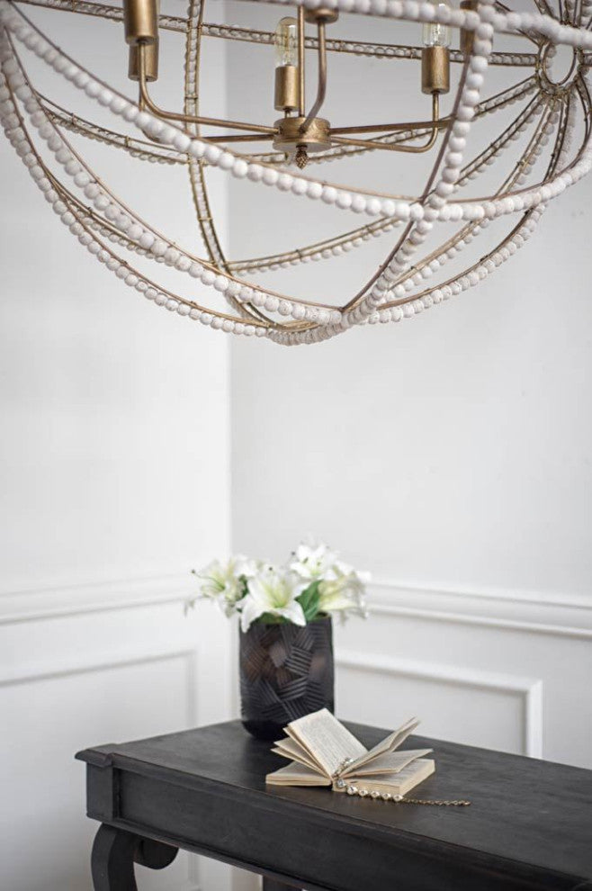 Ava White Beaded Wood With Gold Metal Frame Six Bulb Chandelier